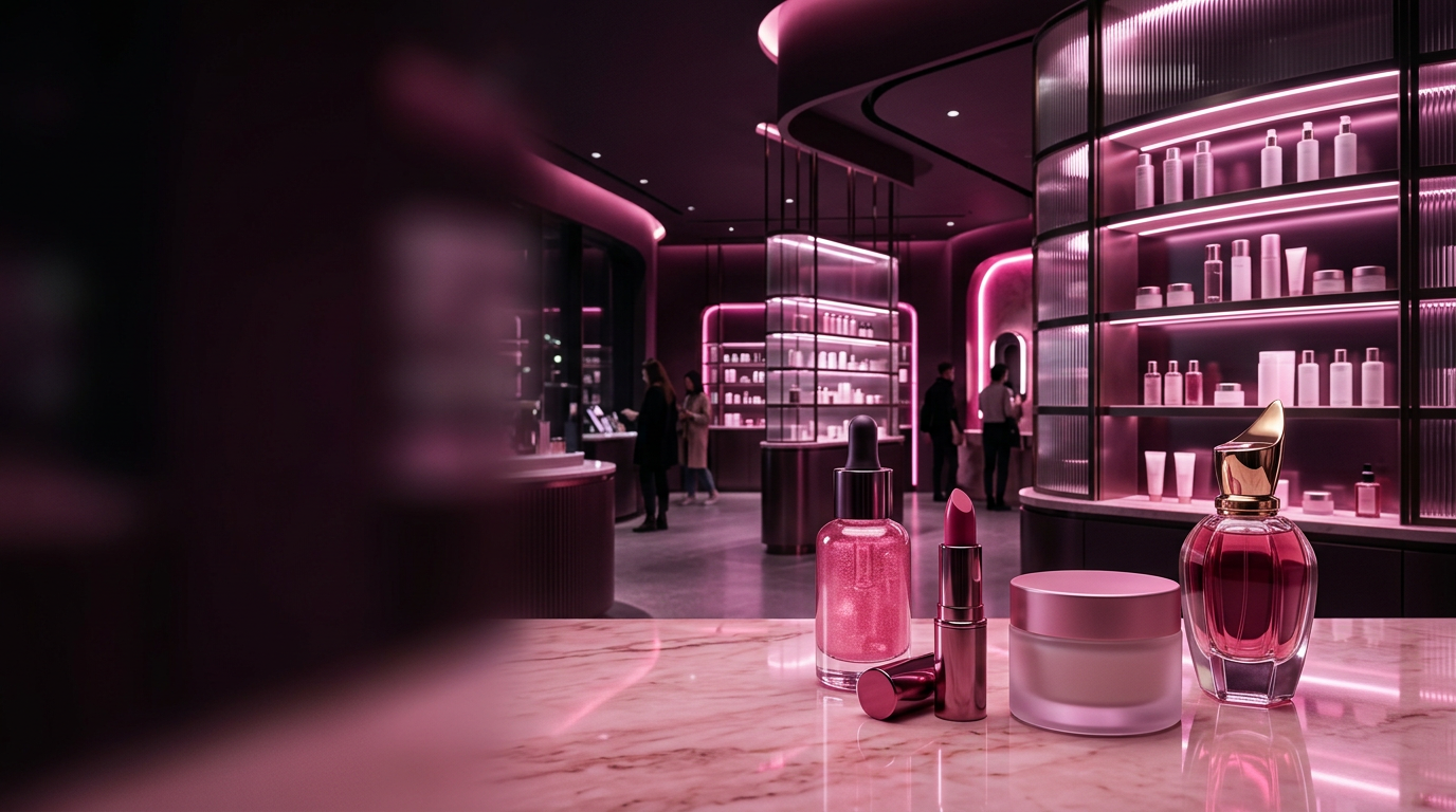 Skincare bottles and cosmetic products arranged on warm neutral pedestals
